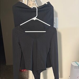 Black Ribbed Long Sleeve Bodysuit with Ribbed Fitted Skirt with Split on Side